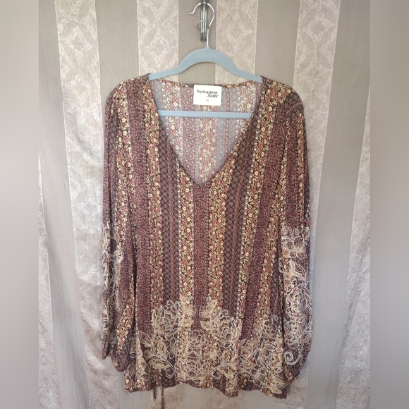 Savanna Jane Tops - Floral Print V-Neck Women's Blouse in Brown and Cream